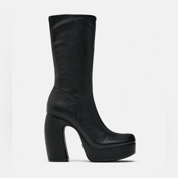 Zara Black Platform Heeled Ankle Boots - Picture 1 of 8